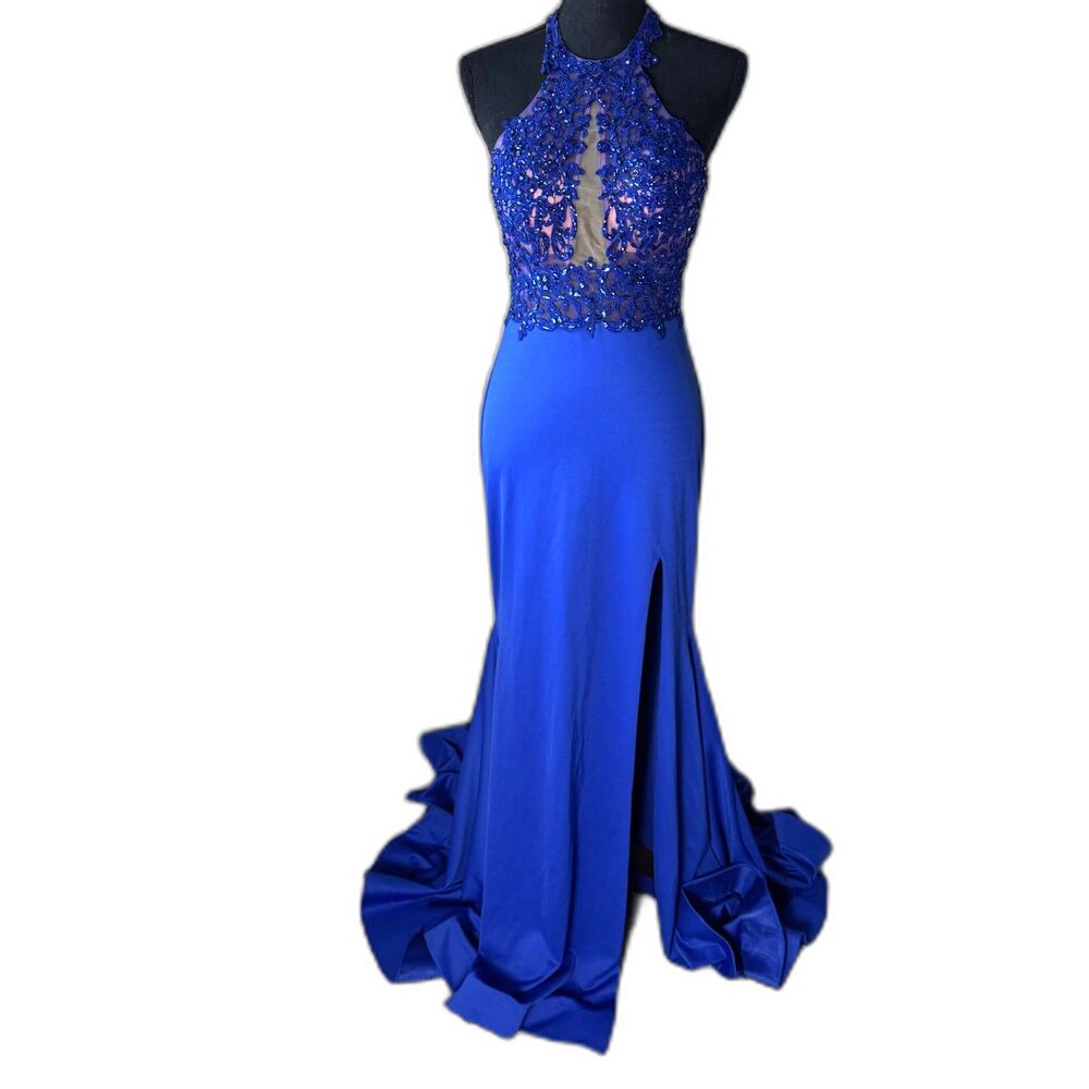 1006 Size 6 Morilee royal blue illusion halter gown mermaid slit train backless